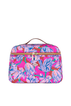 beautycase Coco met bloemen fuchsia/blauw