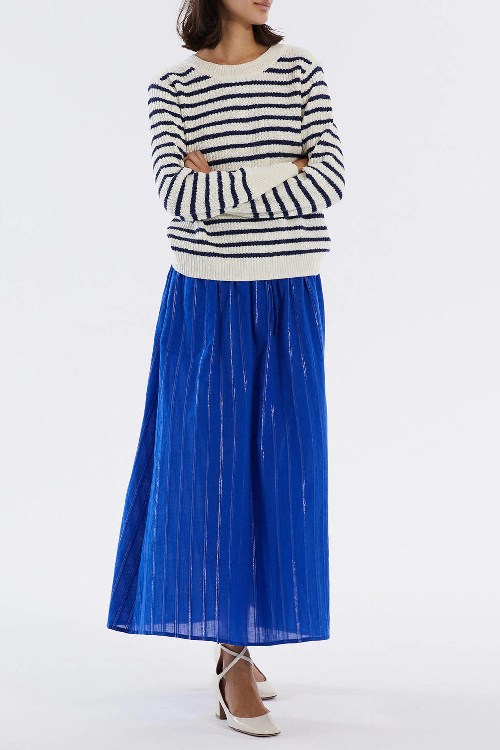 Wit en blauwe dames Lollys Laundry gebreide trui van katoen met strepenprint, lange mouwen en ronde hals