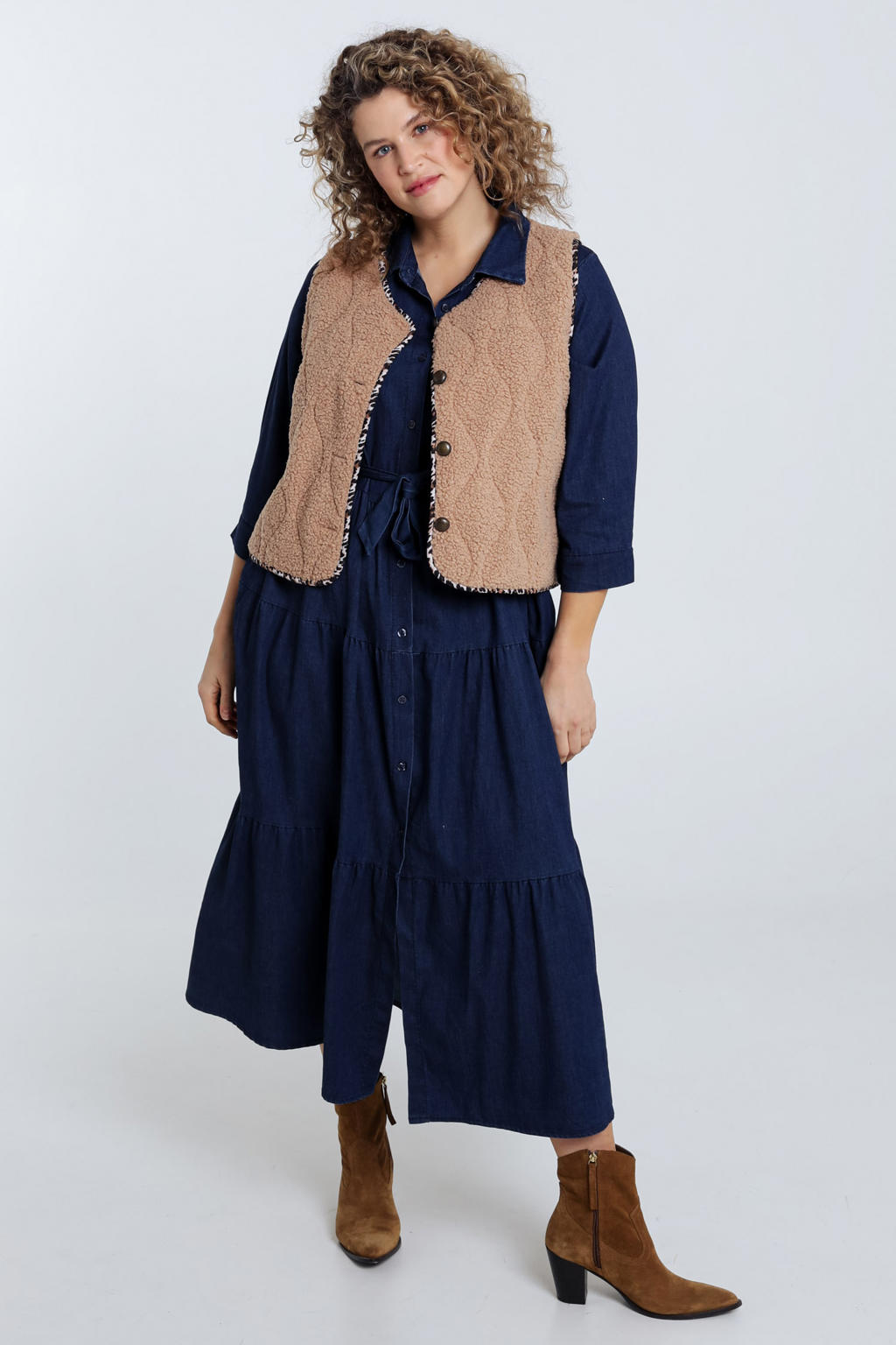 Beige dames Paprika asymmetrische top gilet van polyester met panterprint, ronde hals, knoopsluiting en textuur