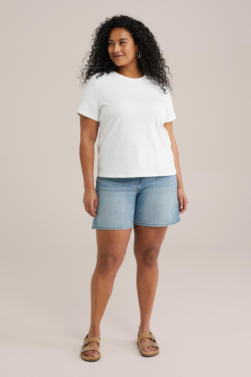 Witte dames WE Fashion Curve T-shirt van katoen met effen, korte mouwen en ronde hals