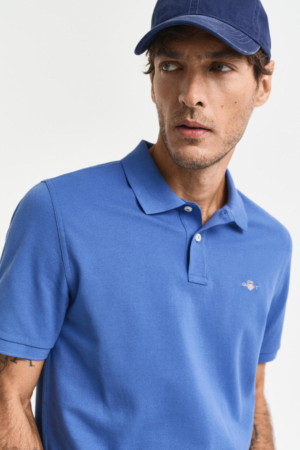 Blauwe heren GANT regular polo van katoen met effen, korte mouwen, klassieke kraag en knoopsluiting