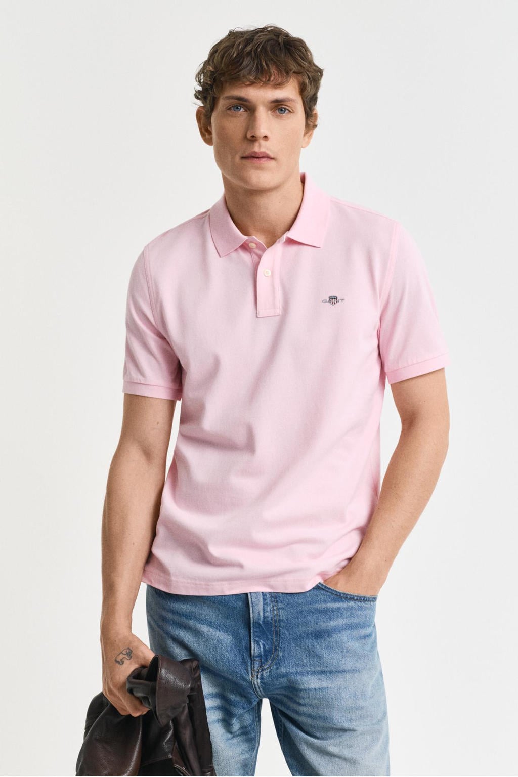 Lichtroze heren GANT regular polo van katoen met effen, korte mouwen, klassieke kraag en knoopsluiting
