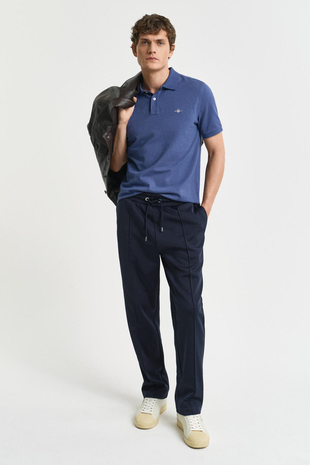 Blauwe heren GANT regular polo van katoen met effen, korte mouwen, klassieke kraag en knoopsluiting