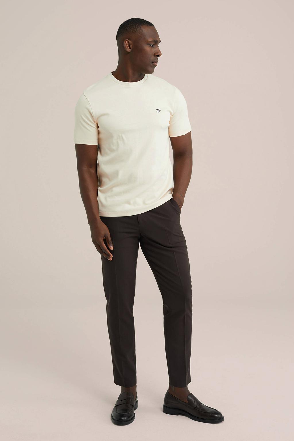 Ecru heren WE Fashion T-shirt van katoen met effen, korte mouwen en ronde hals
