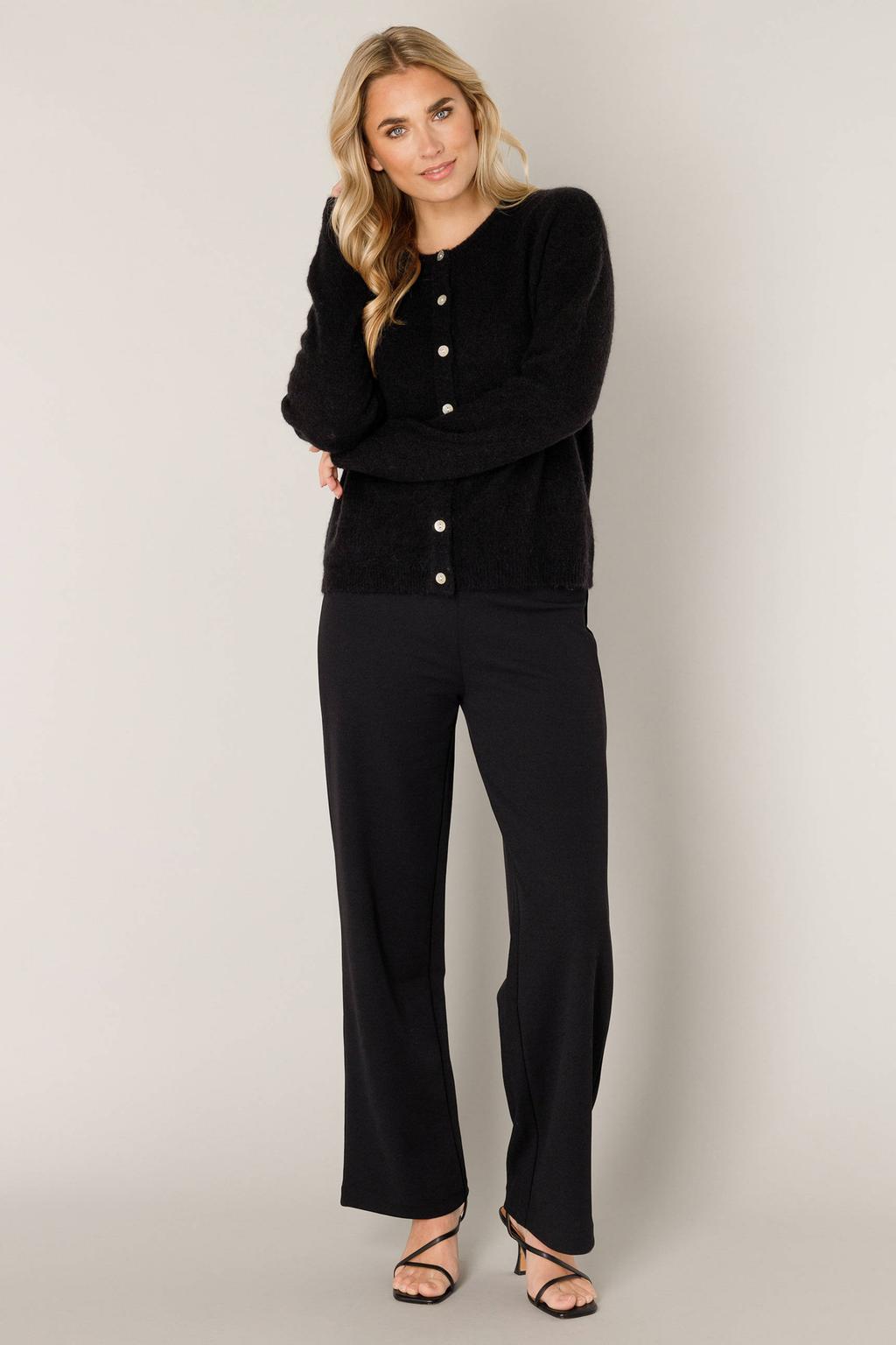 Zwarte dames Base Level cardigan fijn gebreid van nylon met effen, lange mouwen, ronde hals en knoopsluiting