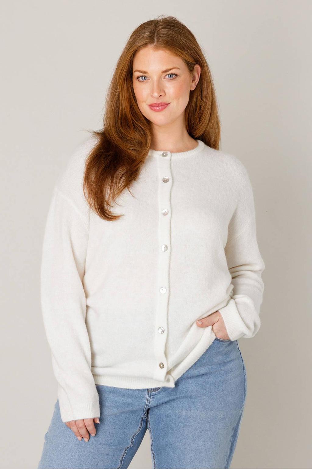 Ecru dames Base Level Curvy wollen gebreide trui met effen, lange mouwen en ronde hals