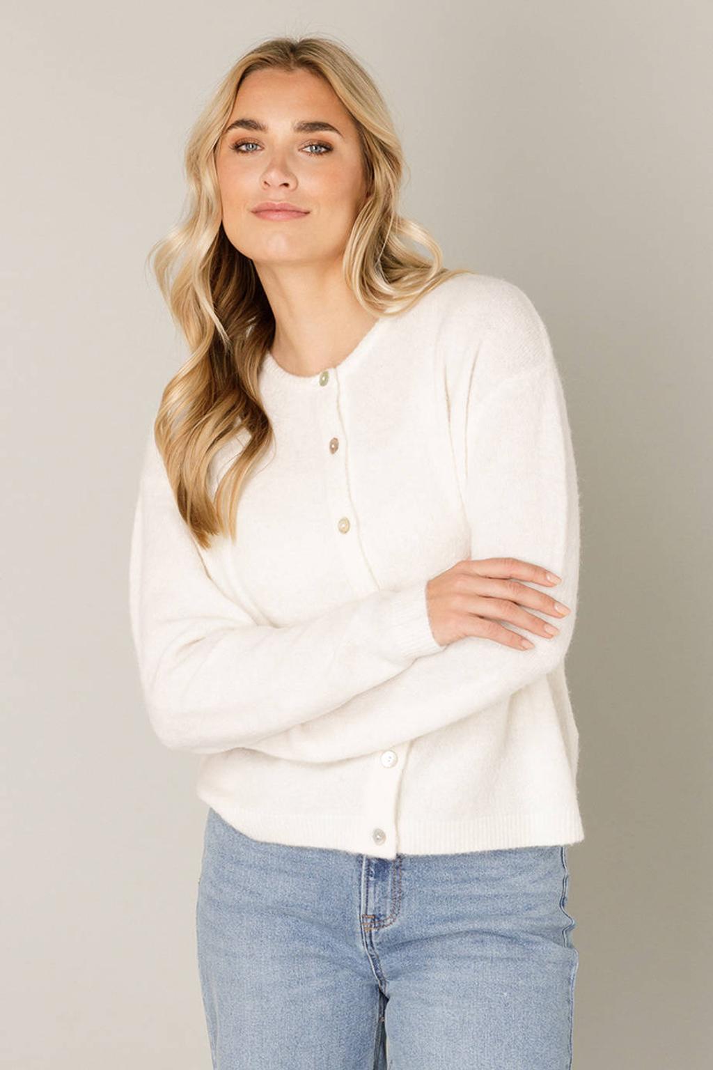 Ecru dames Base Level cardigan fijn gebreid van nylon met effen, lange mouwen, ronde hals en knoopsluiting