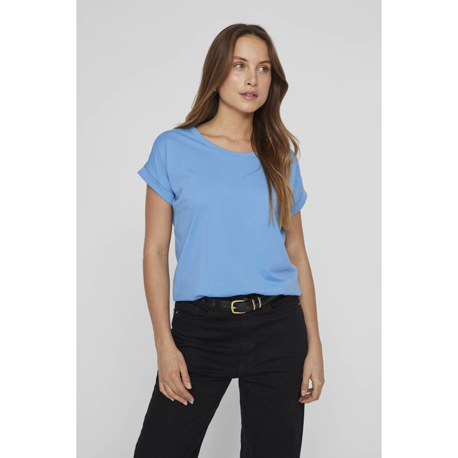 Vila Shirt met ronde hals VIDREAMERS NEW PURE T-SHIRT SU-NOOS Basic dames T-shirt met ronde hals en omgeslagen mouwen