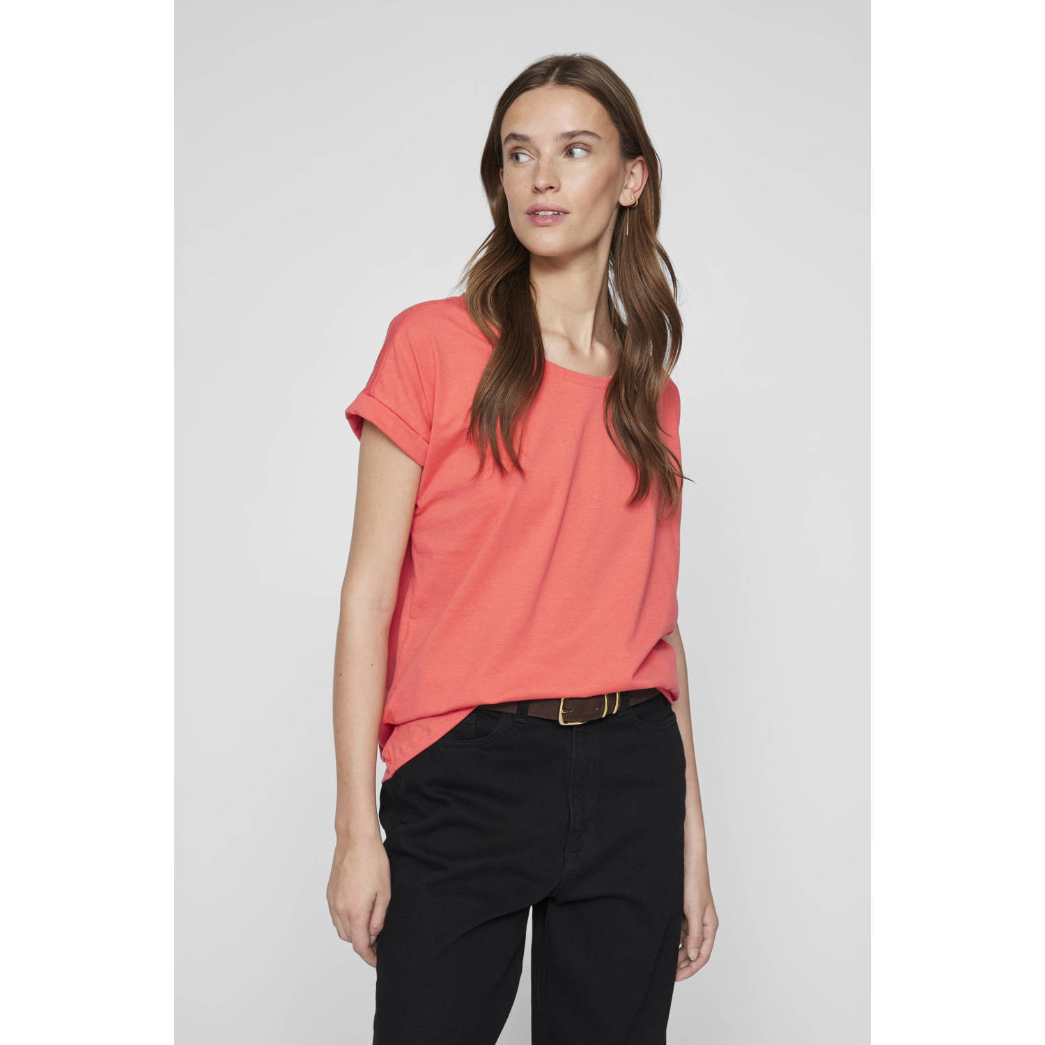 Vila Shirt met ronde hals VIDREAMERS NEW PURE T-SHIRT SU-NOOS Basic dames T-shirt met ronde hals en omgeslagen mouwen