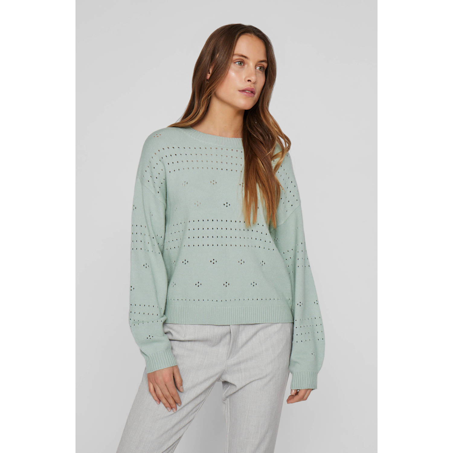 Vila Trui met ronde hals VIRIL L S O-NECK POINTELLE KNIT TOP-NOOS