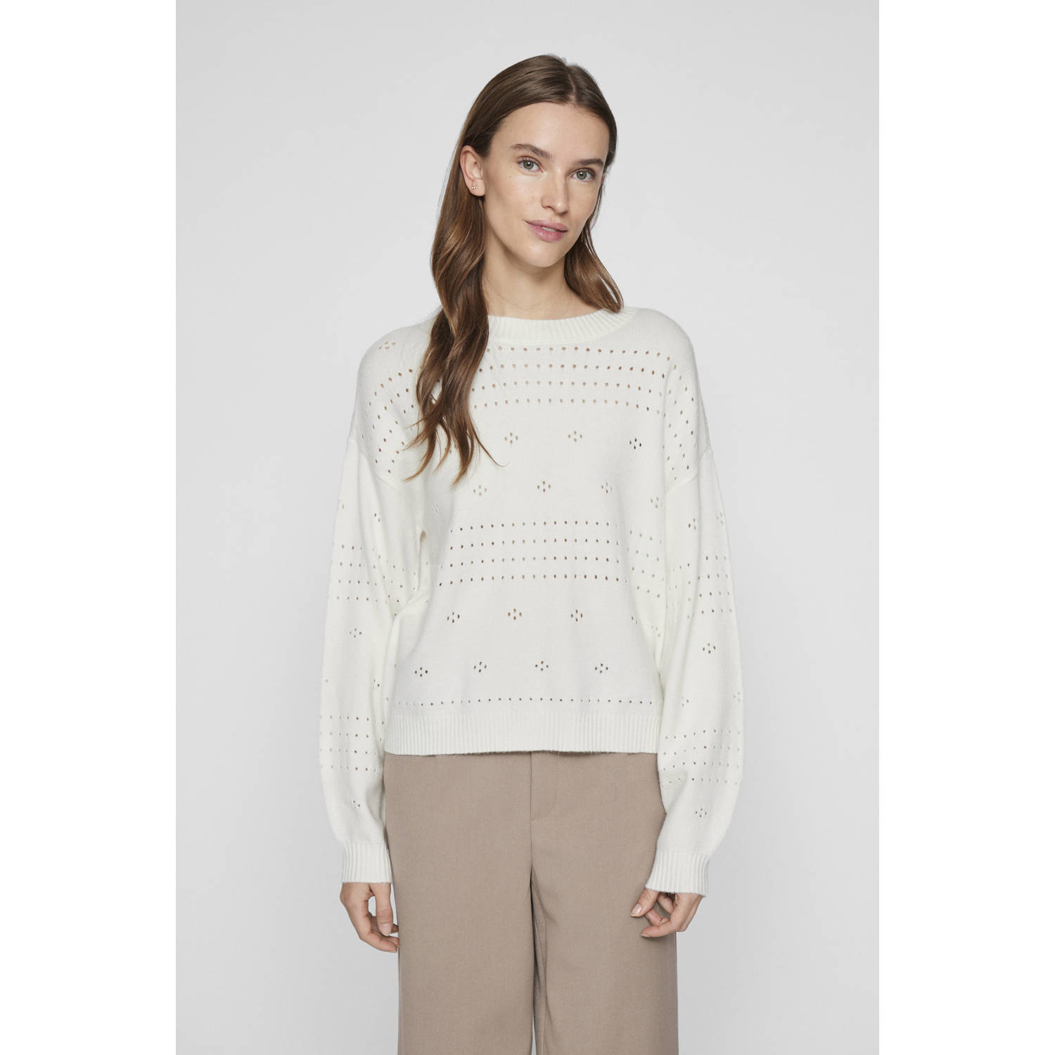 Vila Trui met ronde hals VIRIL L S O-NECK POINTELLE KNIT TOP-NOOS