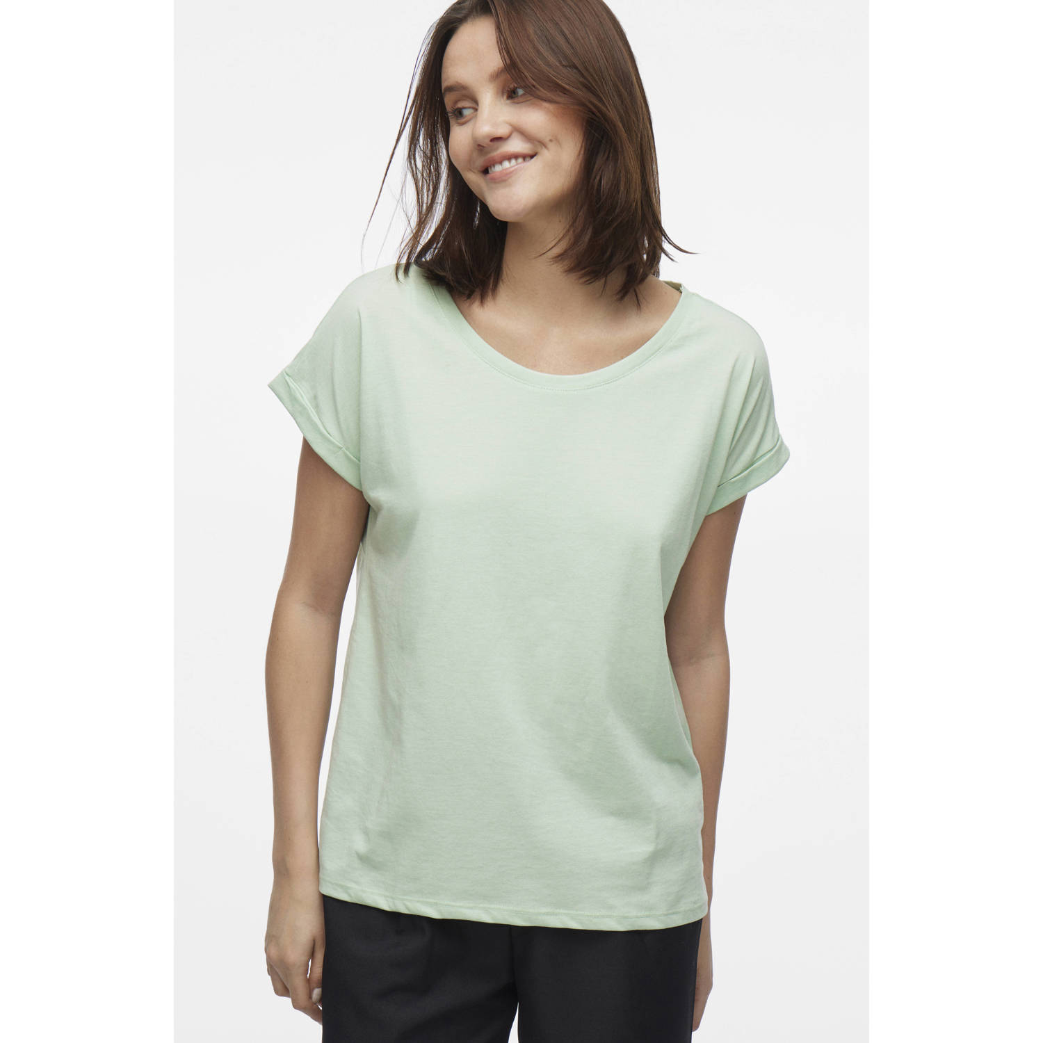 Vila Shirt met ronde hals VIDREAMERS NEW PURE T-SHIRT SU-NOOS Basic dames T-shirt met ronde hals en omgeslagen mouwen