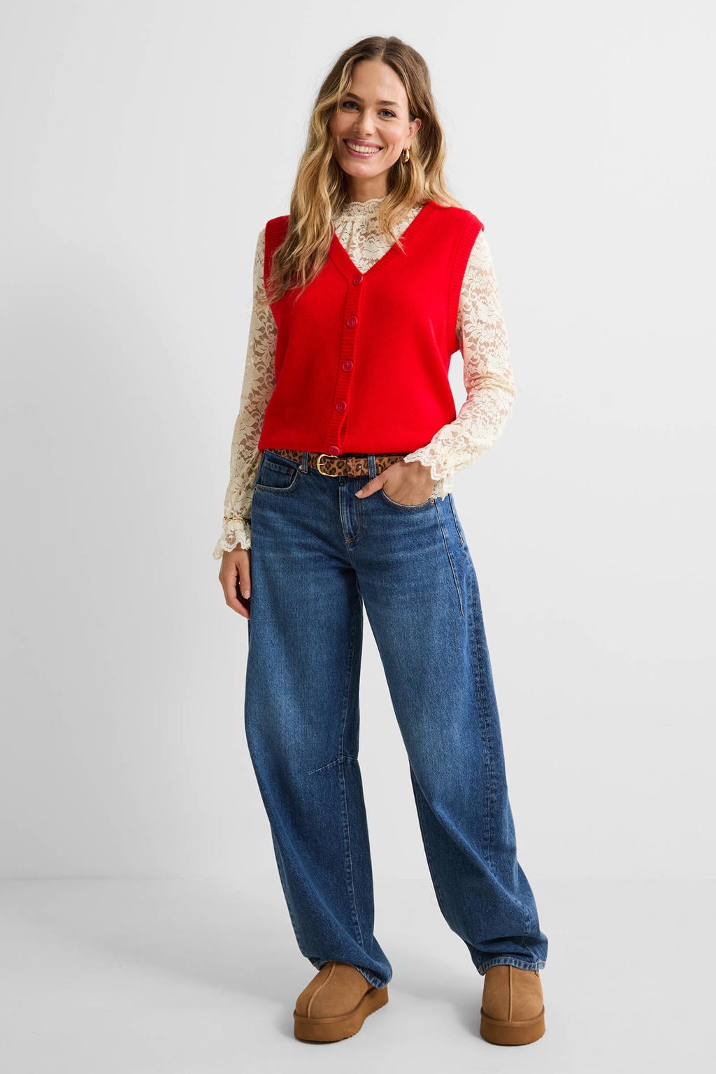 Rode dames Anytime gebreide gilet van acryl met effen en V-hals