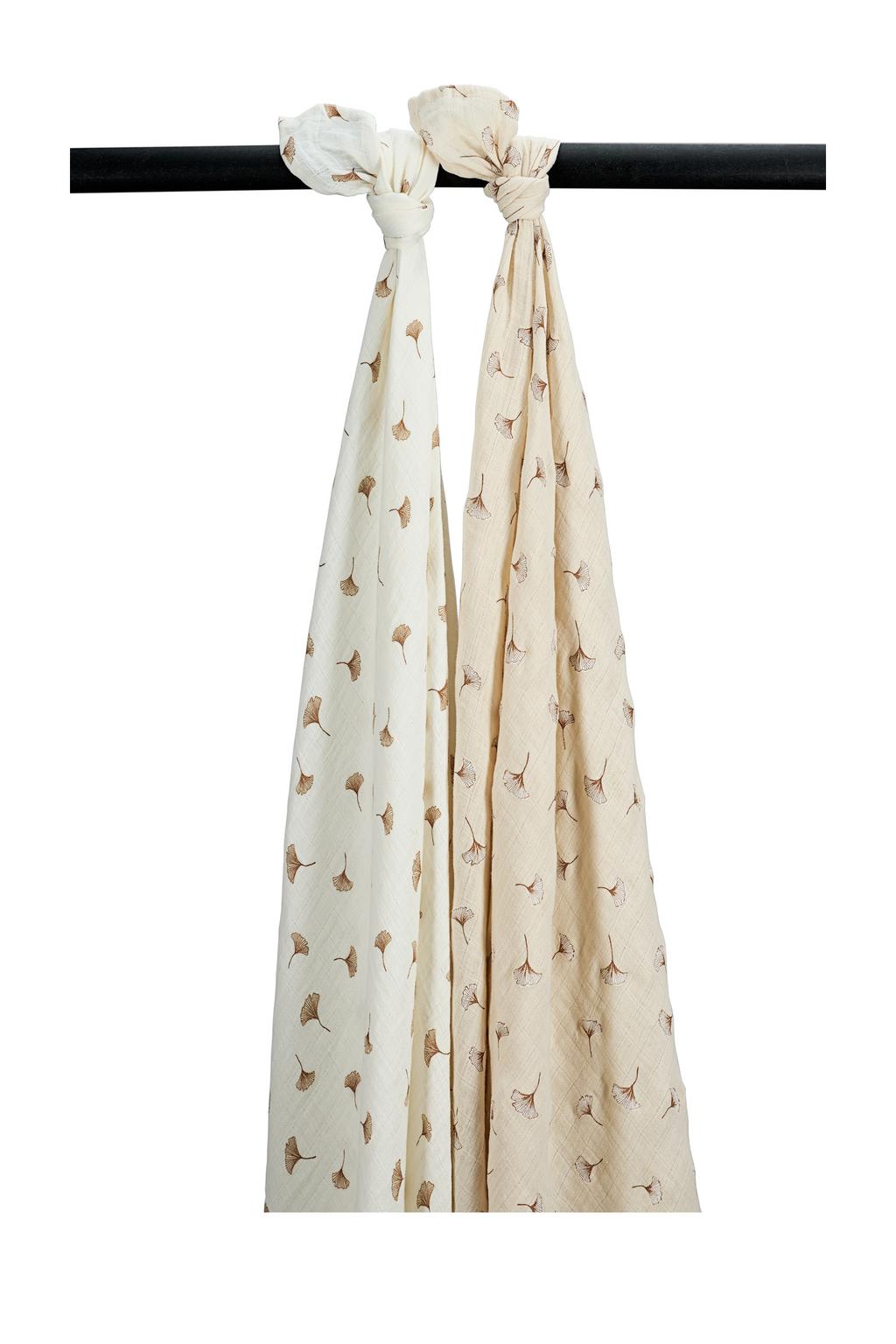 Meyco pre-washed hydrofiele swaddle Ginkgo - offwhite/soft sand (set van 2)