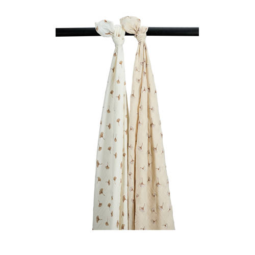 Meyco pre-washed hydrofiele swaddle Ginkgo - set van 2 offwhite/soft sand afbeelding