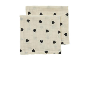 pre-washed hydrofiel monddoekje Sweet Heart - soft sand/black (set van 2)