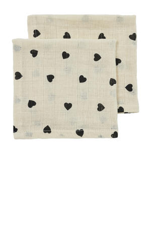 pre-washed hydrofiel monddoekje Sweet Heart - soft sand/black (set van 2)
