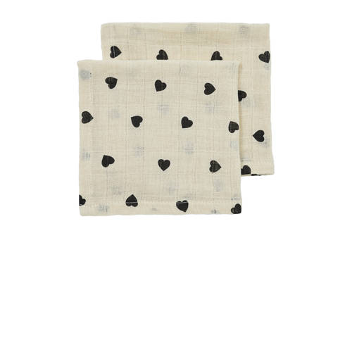 Meyco pre-washed hydrofiel monddoekje Sweet Heart - set van 2 soft sand/black afbeelding