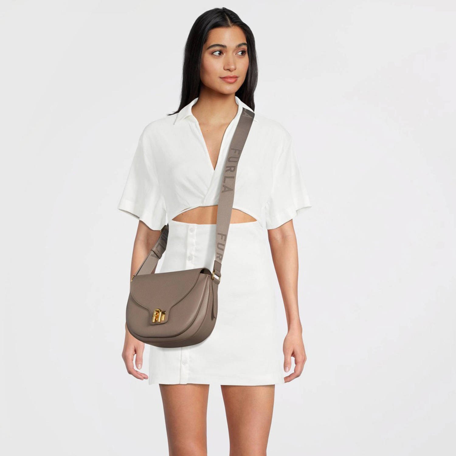 Furla leren crossbody tas Lotus S taupe
