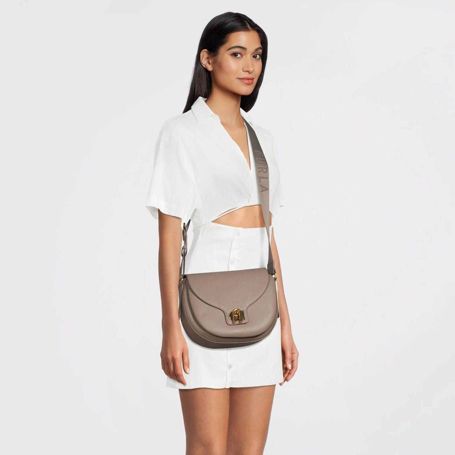 Furla leren crossbody tas Lotus S taupe