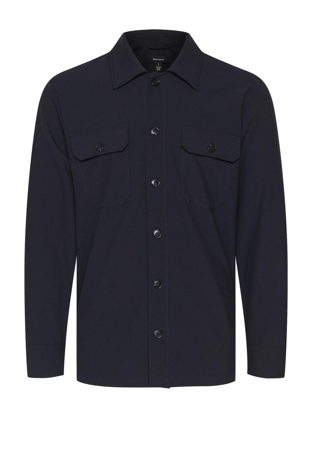 Donkerblauwe heren Matinique overshirt van polyester met effen, lange mouwen, klassieke kraag en knoopsluiting