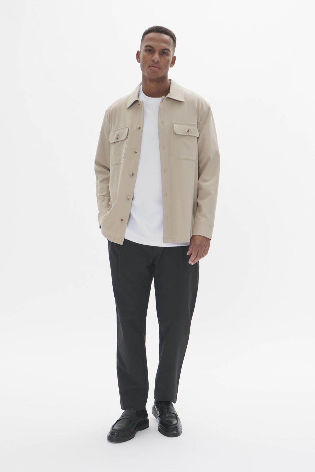 Beige heren Matinique overshirt van polyester met effen, lange mouwen, klassieke kraag en knoopsluiting