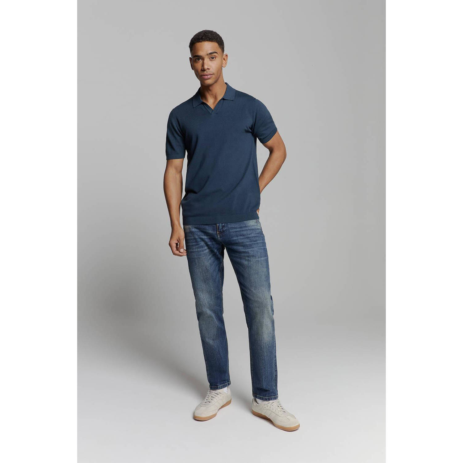 No Excess regular polo fijn gebreid donkerblauw