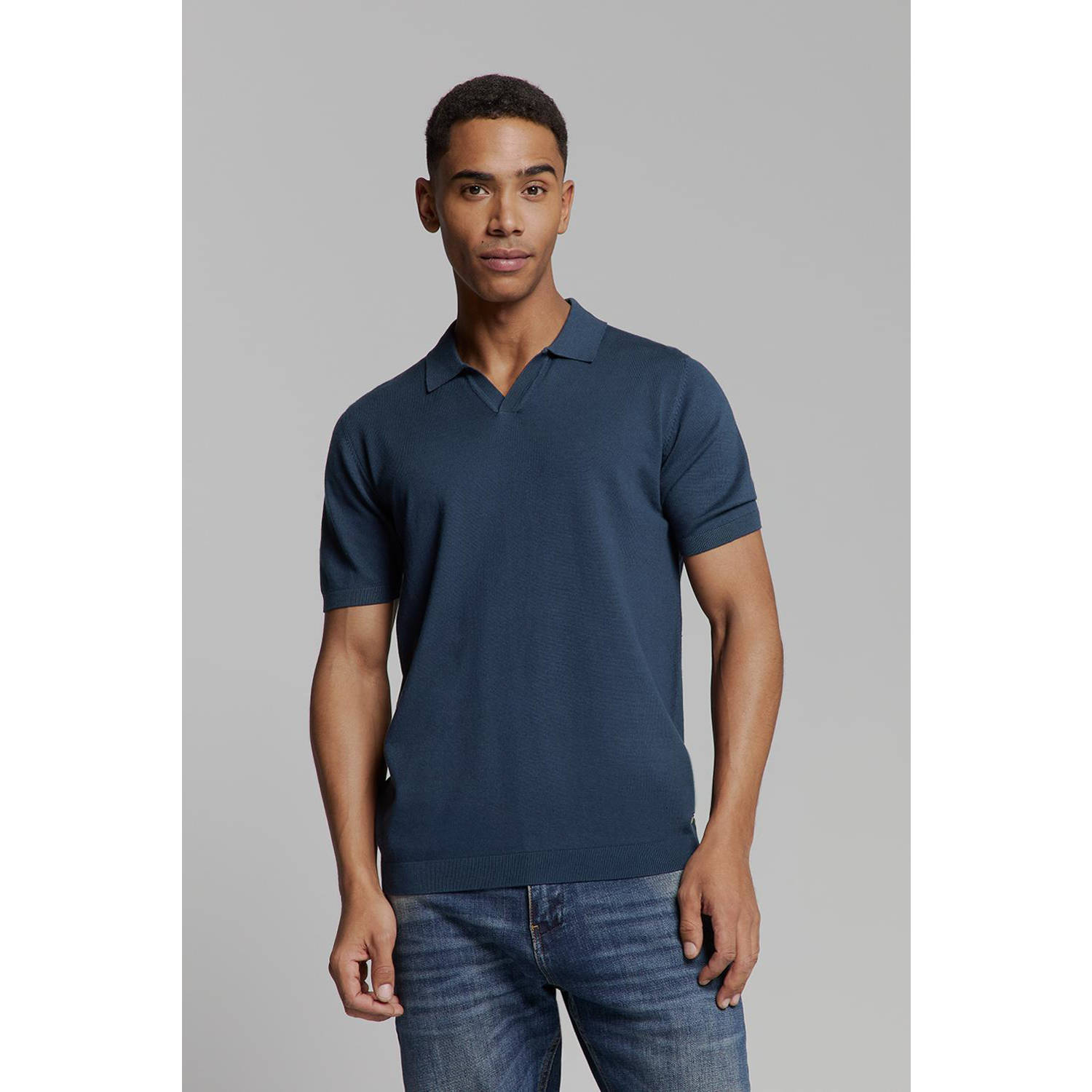 No Excess regular polo fijn gebreid donkerblauw