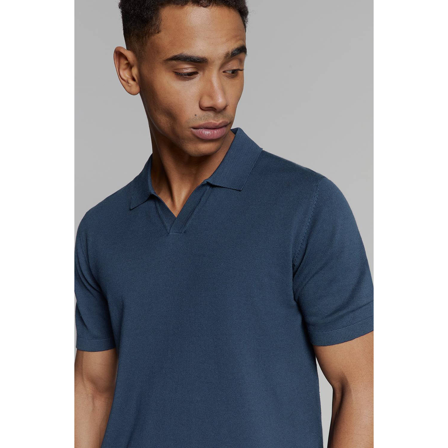 No Excess regular polo fijn gebreid donkerblauw
