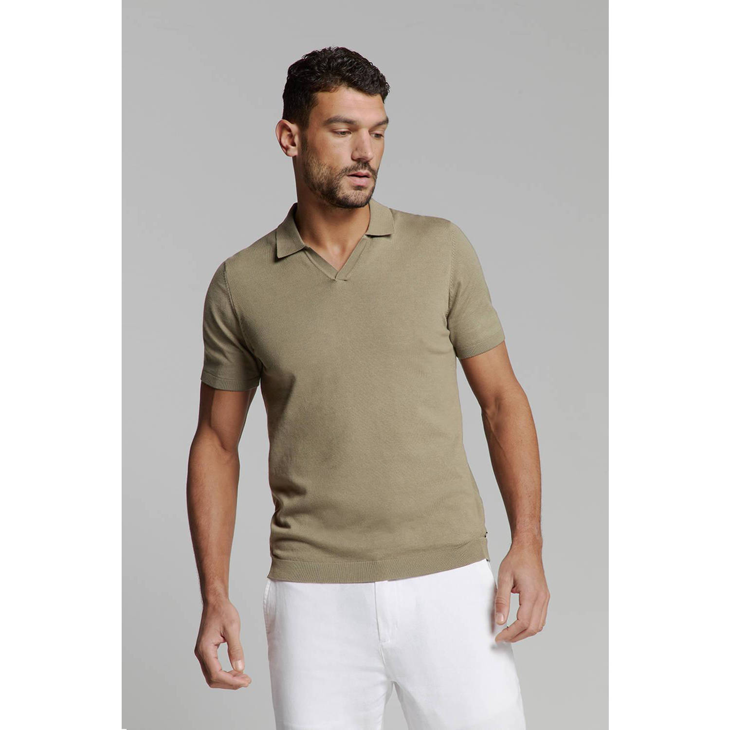 No Excess regular polo fijn gebreid kaki