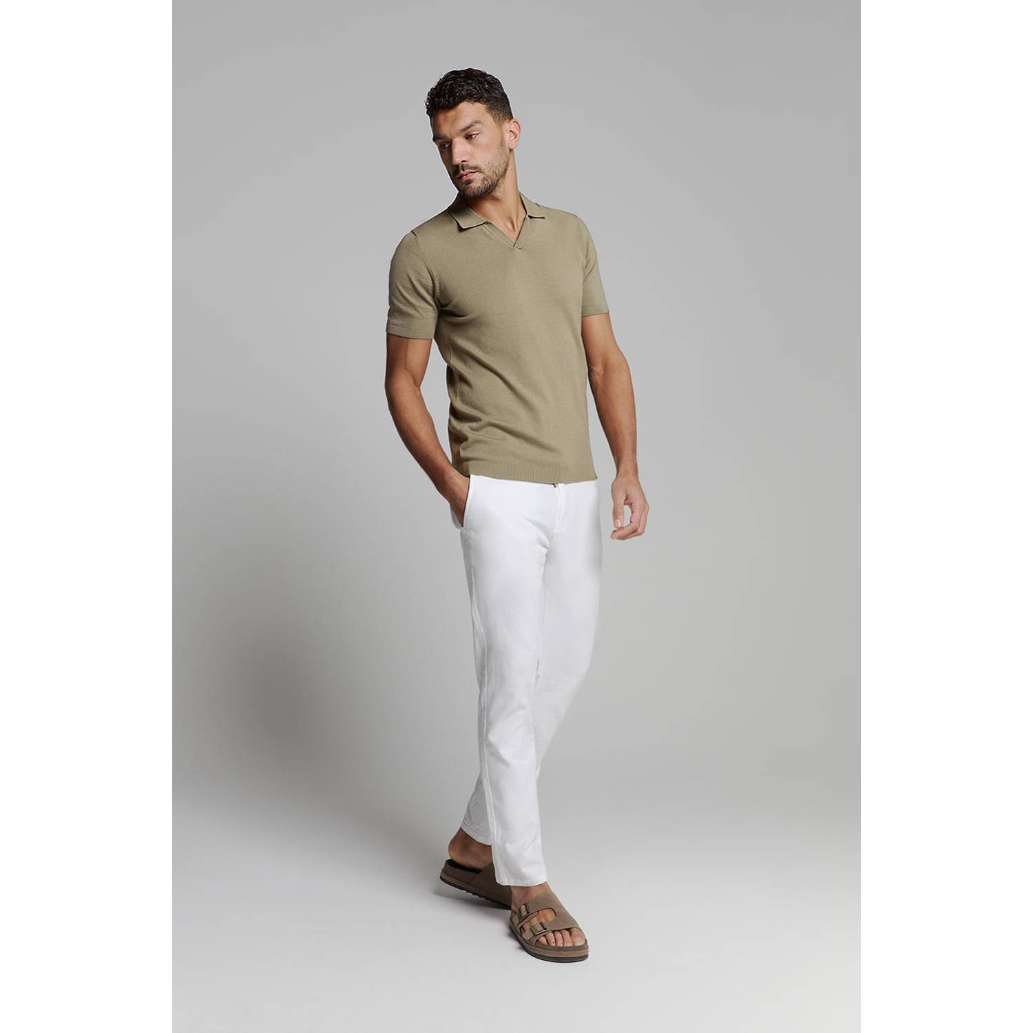 No Excess regular polo fijn gebreid kaki