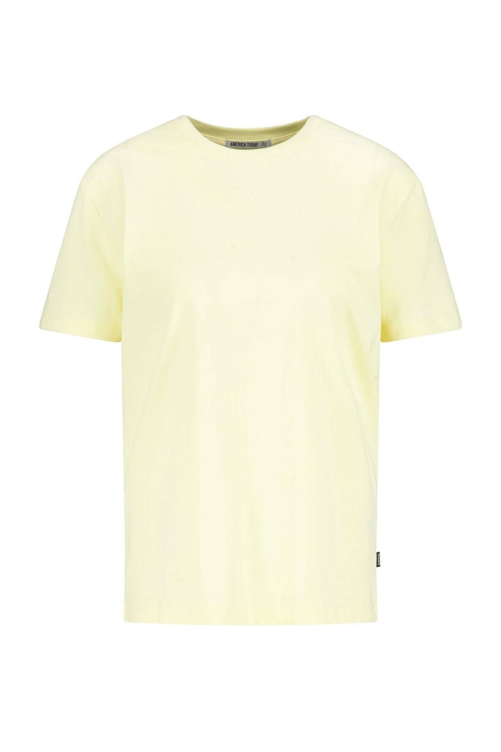 Lichtgele dames America Today T-shirt van katoen met effen, korte mouwen en ronde hals