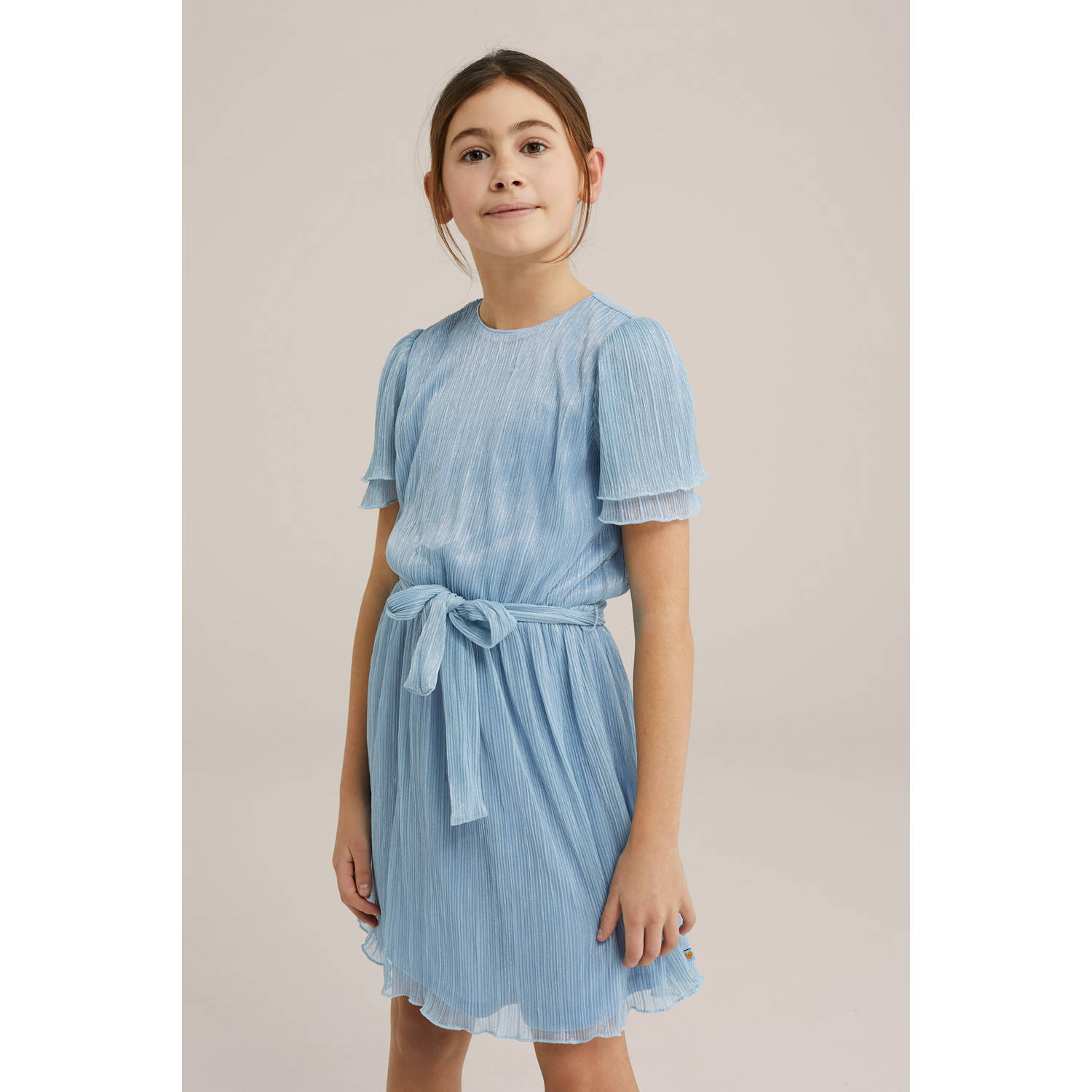 WE Fashion korte jurk met glitter lichtblauw
