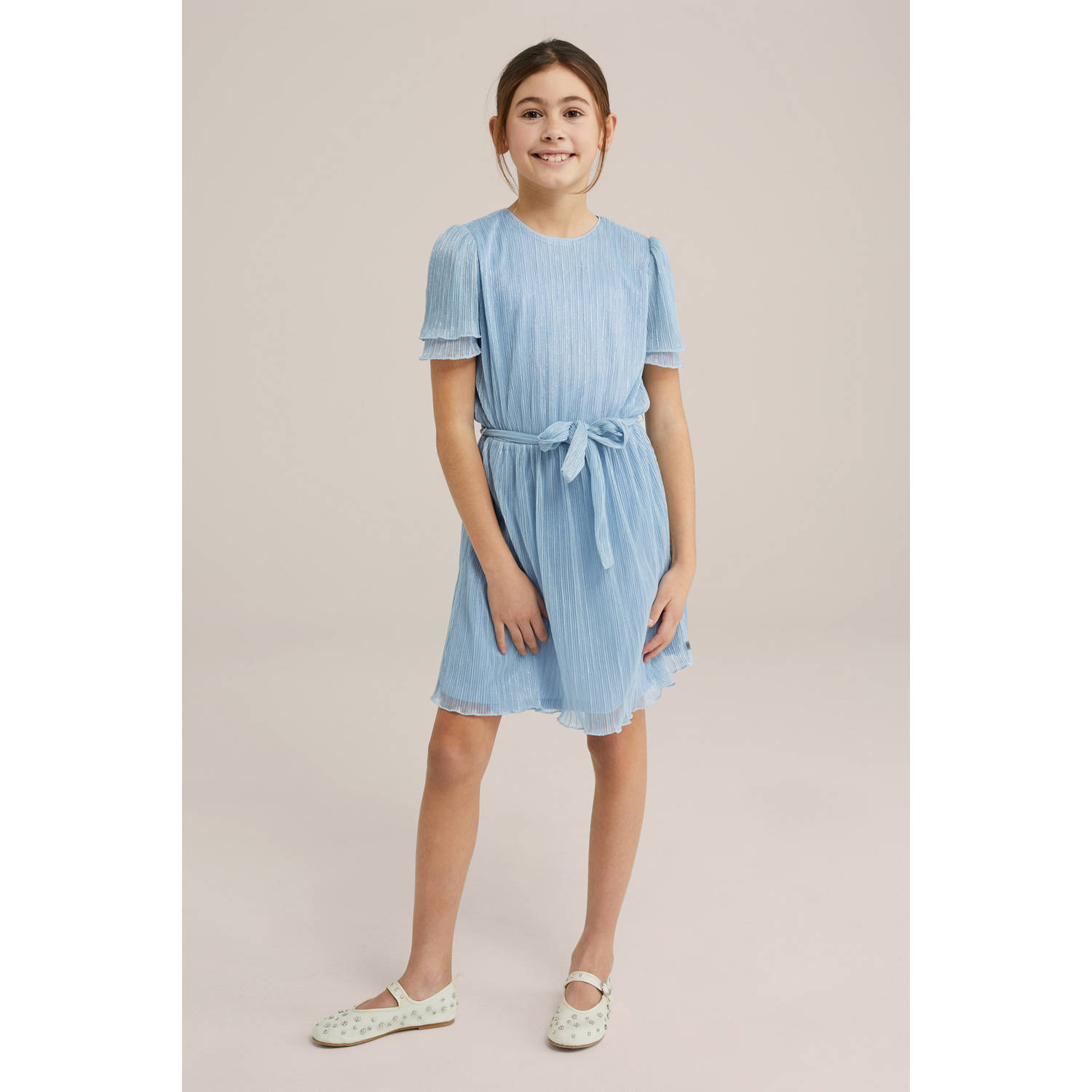 WE Fashion korte jurk met glitter lichtblauw