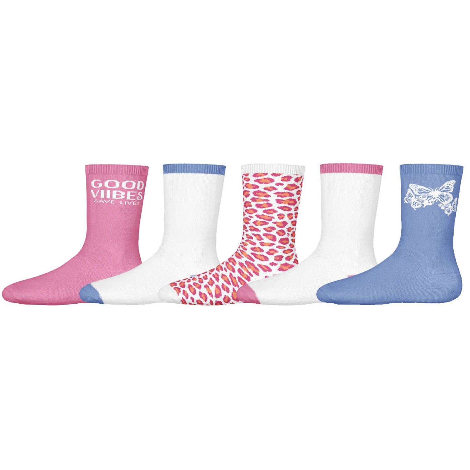 NAME IT KIDS sokken set van 5 roze blauw wit