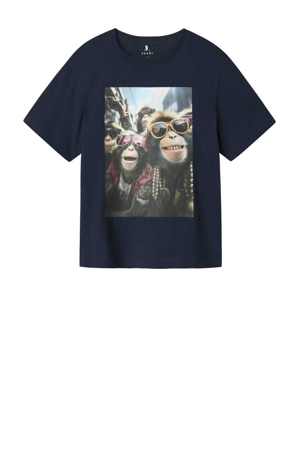 Donkerblauwe jongens NAME IT KIDS t-shirt van katoen met printopdruk, korte mouwen en ronde hals