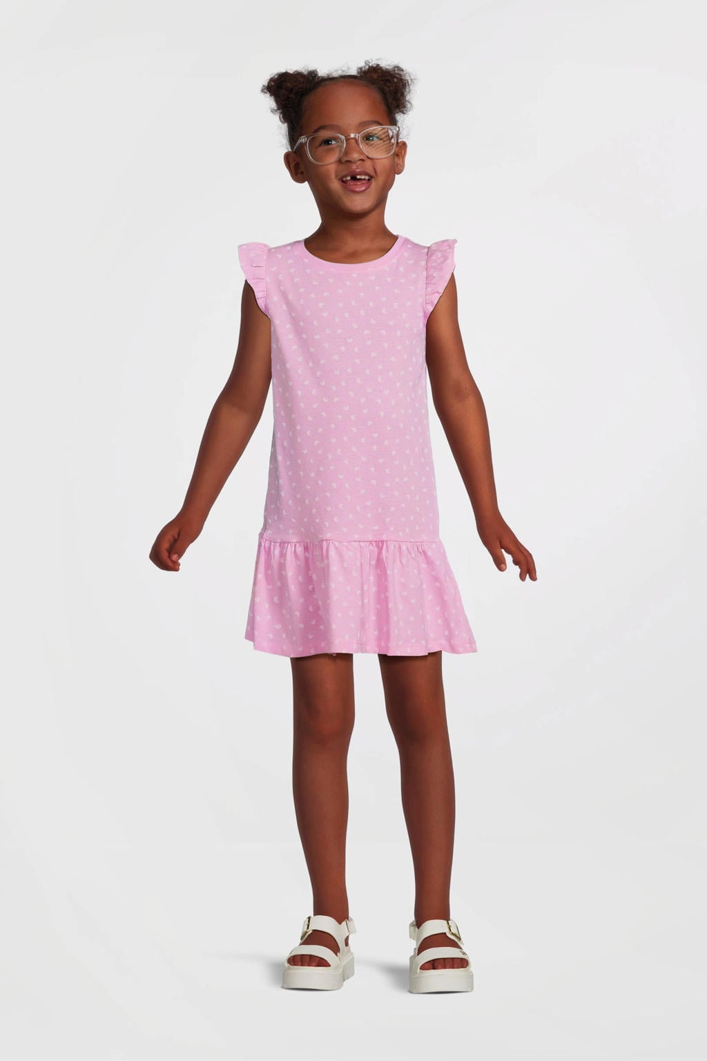 Roze en witte meisjes NAME IT KIDS A-lijn jurk van katoen met effen, korte mouwen en ronde hals
