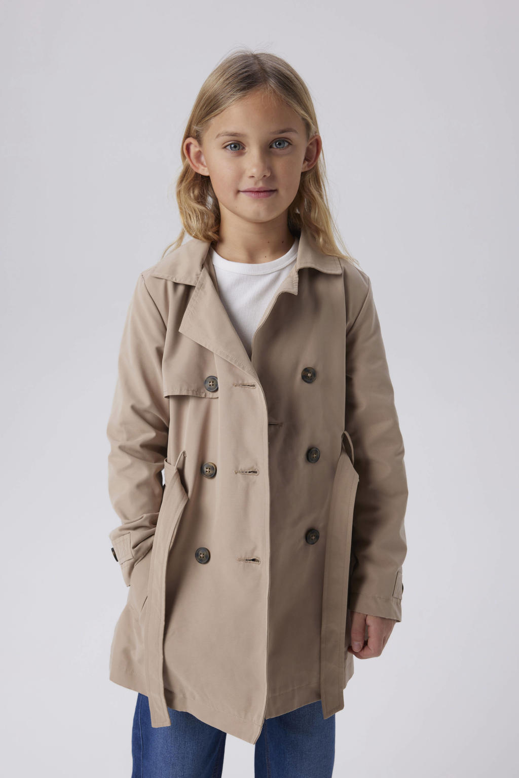 Zandkleurige meisjes NAME IT KIDS trenchcoat van polyester met effen, lange mouwen, reverskraag, ritssluiting en geweven detail