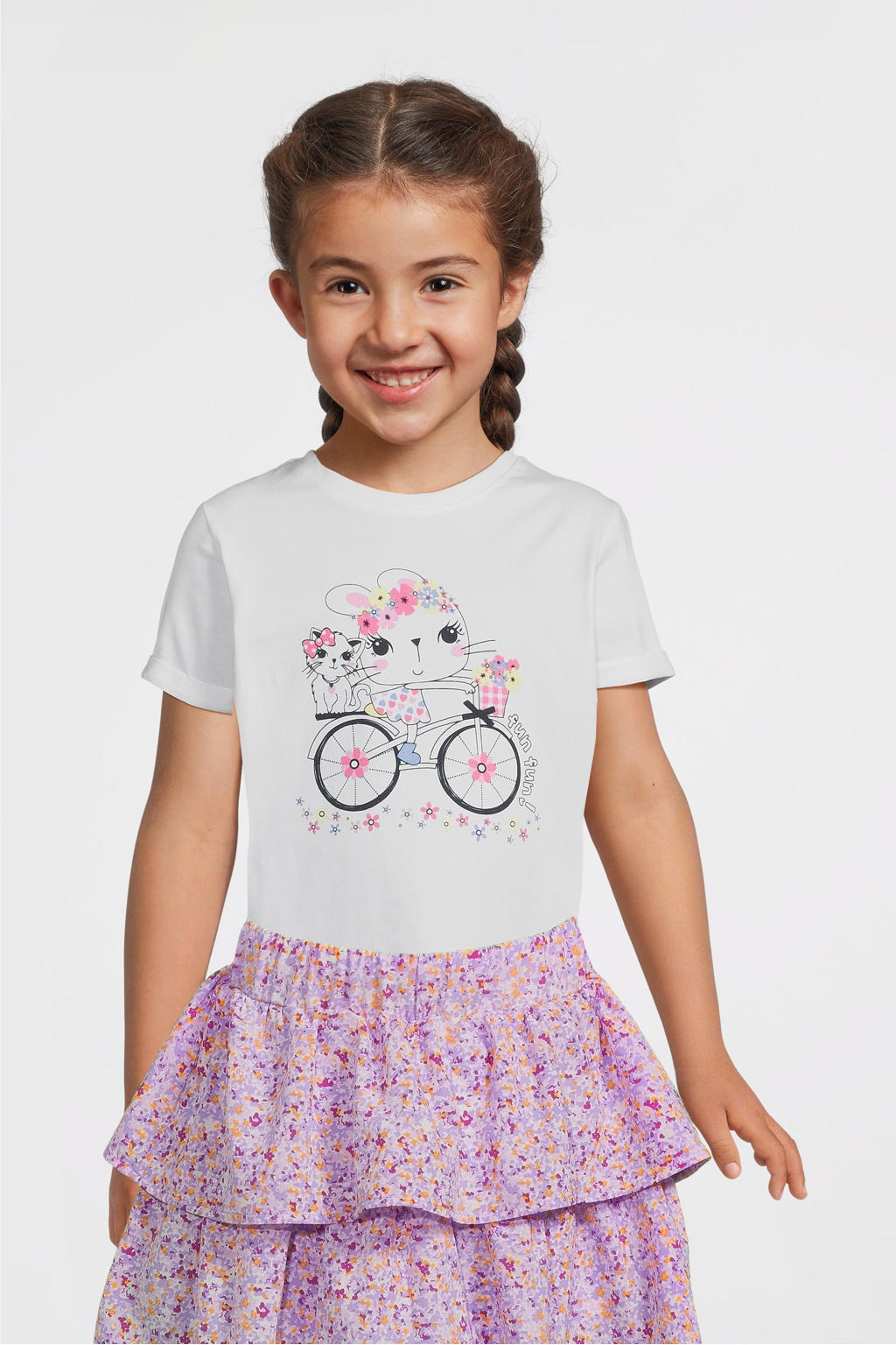 Witte meisjes NAME IT MINI T-shirt van stretchkatoen met effen, korte mouwen en ronde hals