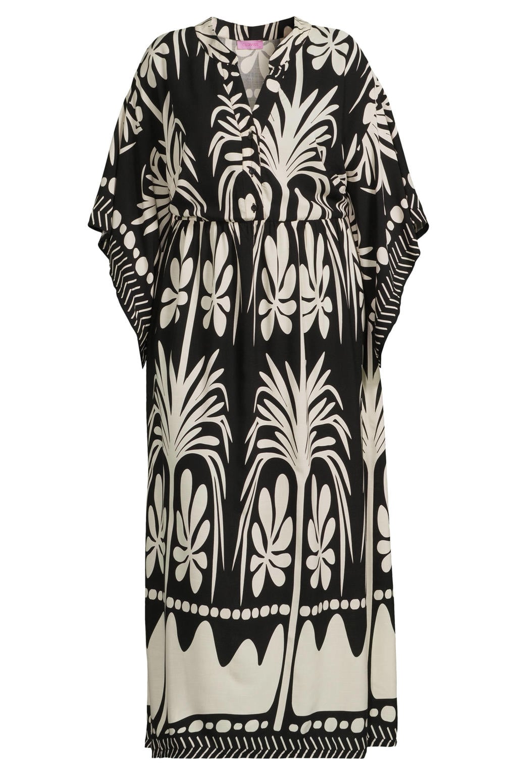 Zwart en ecru dames Curviss maxi jurk van rayon met driekwart mouwen, klassieke kraag en knoopsluiting
