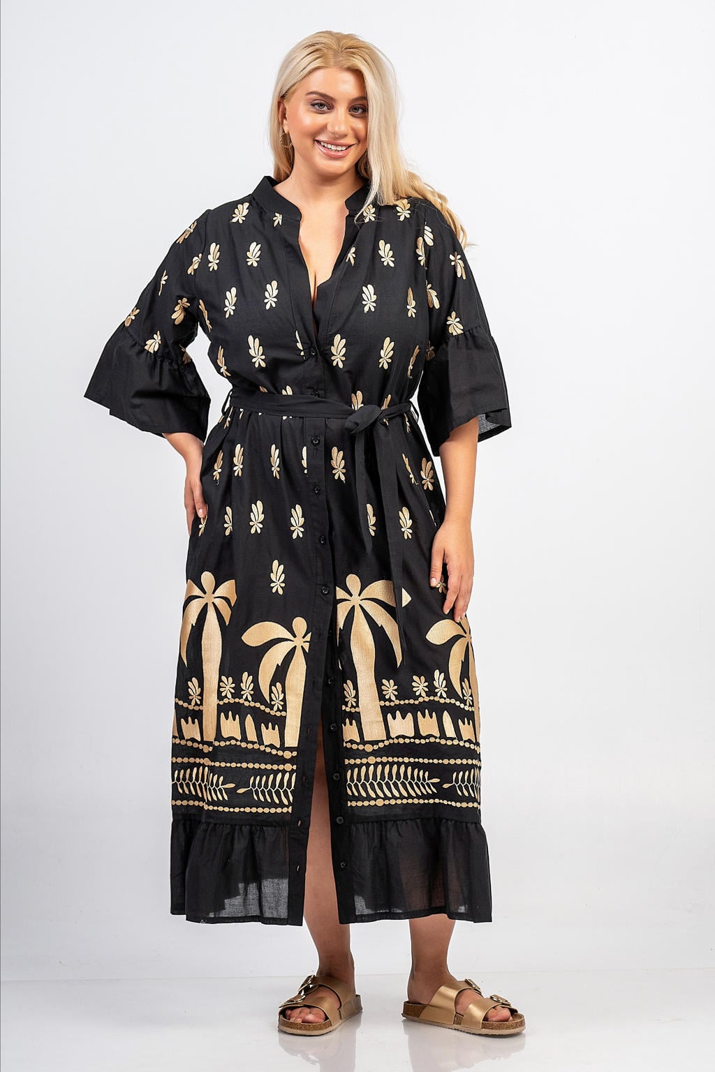 Zwarte dames Curviss blousejurk van katoen met half lange mouwen, V-hals, knoopsluiting en ceintuur