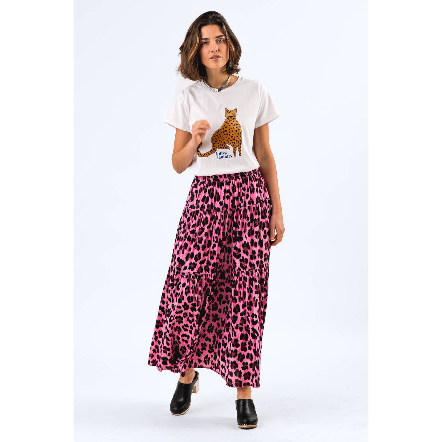 Lollys Laundry Kleurrijke Luipaard Kat Grafische Tee White Dames