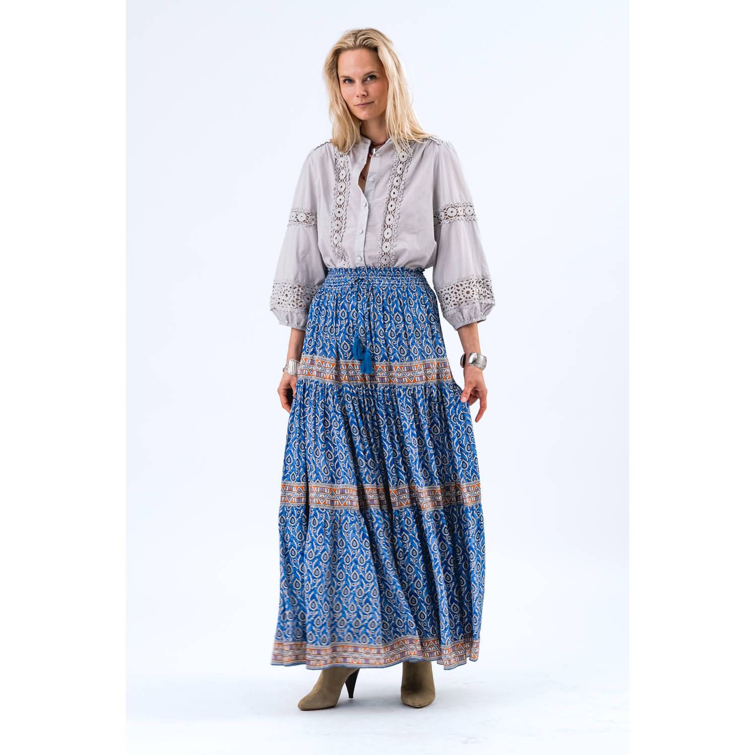 Lollys laundry midi rok strokenrok blauw