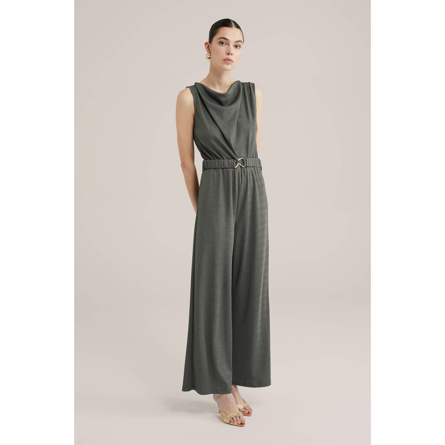 WE Fashion straight jumpsuit donkergroen met lurex