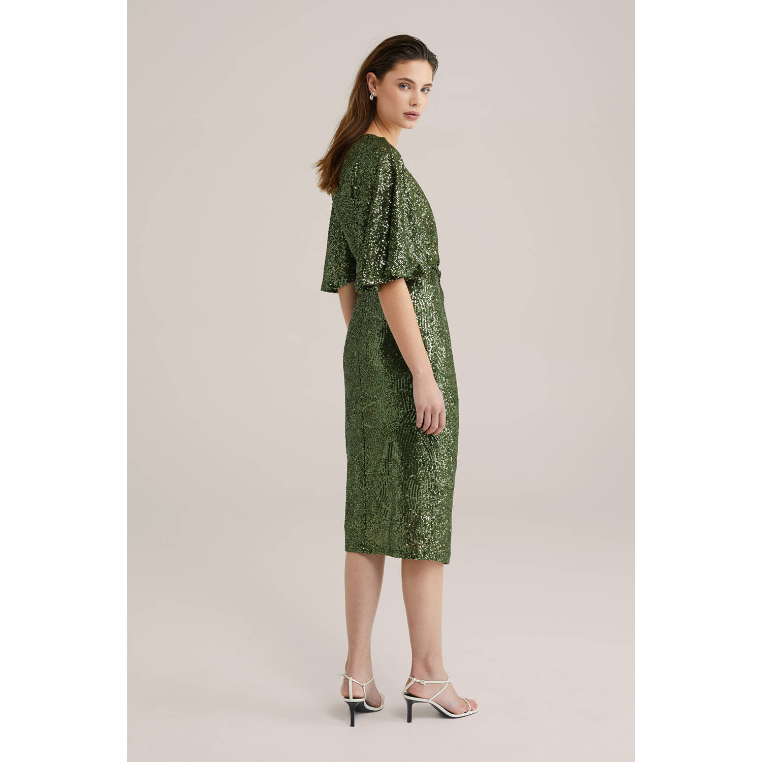 WE Fashion midi jurk met pailletten donkergroen