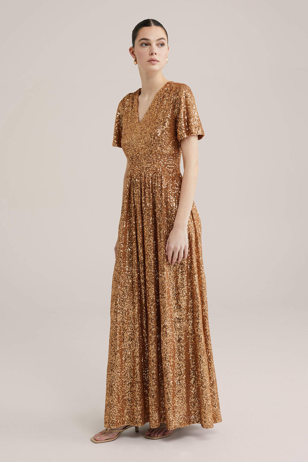 Gouden dames WE Fashion jurk van polyester met effen, korte mouwen, V-hals, knoopsluiting en open detail