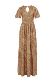 thumbnail: Gouden dames WE Fashion jurk van polyester met effen, korte mouwen, V-hals, knoopsluiting en open detail