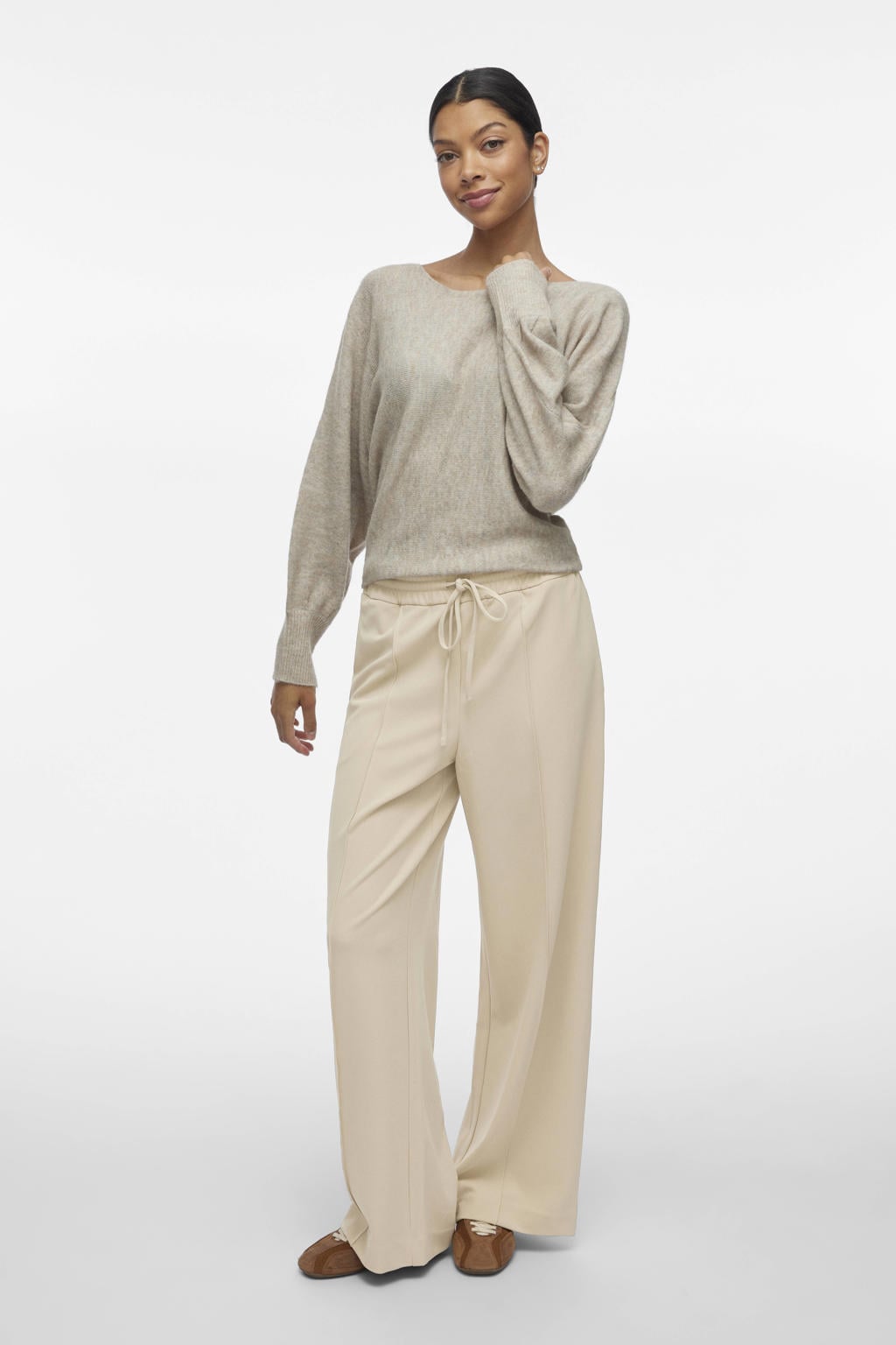 VILA wide leg high waist casual broek lichtgrijs gebreid