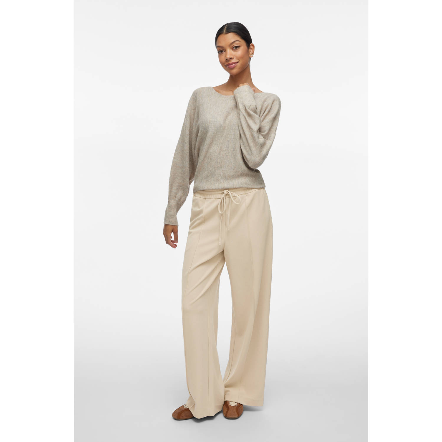 VILA wide leg high waist casual broek lichtgrijs gebreid