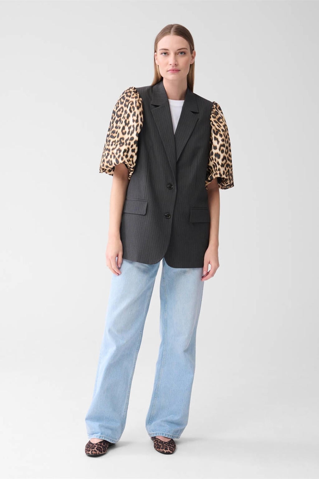 Zwarte dames Shoeby oversized blazer van polyester met dierenprint, korte mouwen, button down sluiting en knoopsluiting